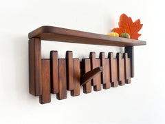 Solid Wood Piano Coat Rack Shelf, Floating Shelf with Hooks, Modern Entryway Mudroom Organizer