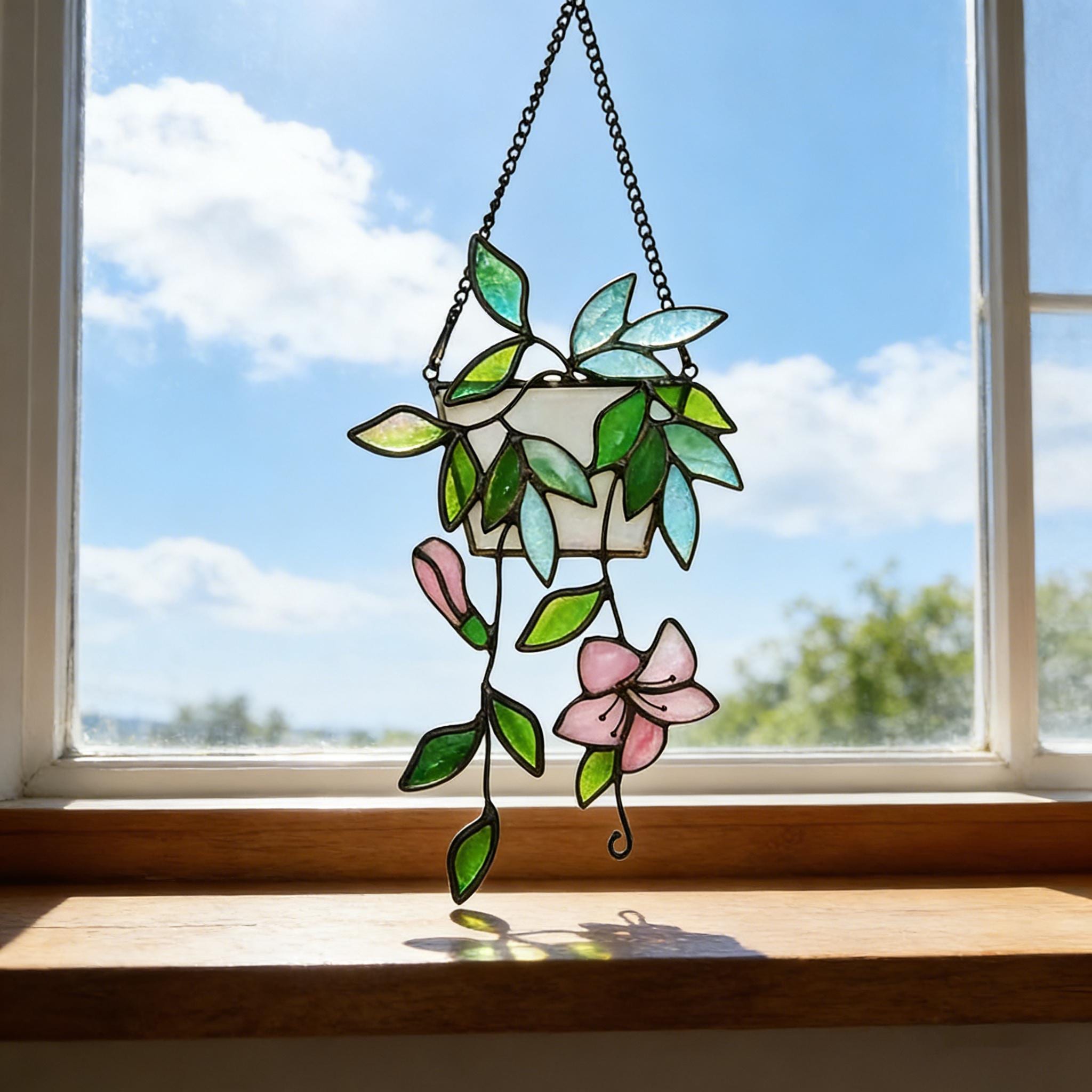 Green Leaf Stained Glass Art | Plant Suncatcher Hanging Window | Flower Stained Glass | Hanging Glass Plant | Gift for Mom | Elegant Plant Glass Decor