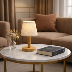 Japanese Style LED Table Lamp with Wood Base and Fabric Shade