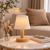 Japanese Style LED Table Lamp with Wood Base and Fabric Shade