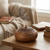 Round Incense Burner Holder – 4" Wood Censer with Alloy Lid for Sticks & Cones, Yoga Meditation Home Decor