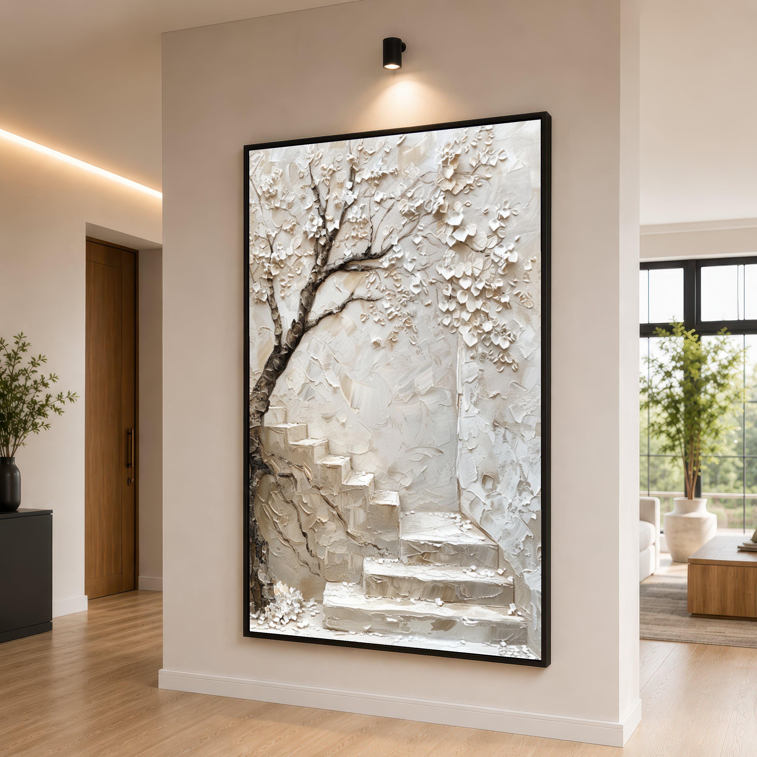 Blossom Tree with Stone Staircase Canvas, Neutral Wall Art, Floral Home Decoration, Nature Scene Canvas