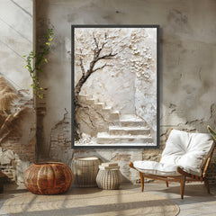 Blossom Tree with Stone Staircase Canvas, Neutral Wall Art, Floral Home Decoration, Nature Scene Canvas