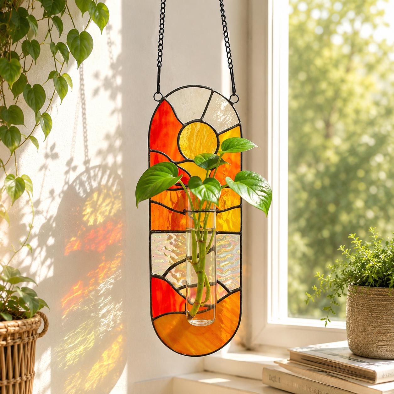 Stained Glass Propagation Station Suncatcher, Hanging Glass Planter for Window, Air Plant Holder