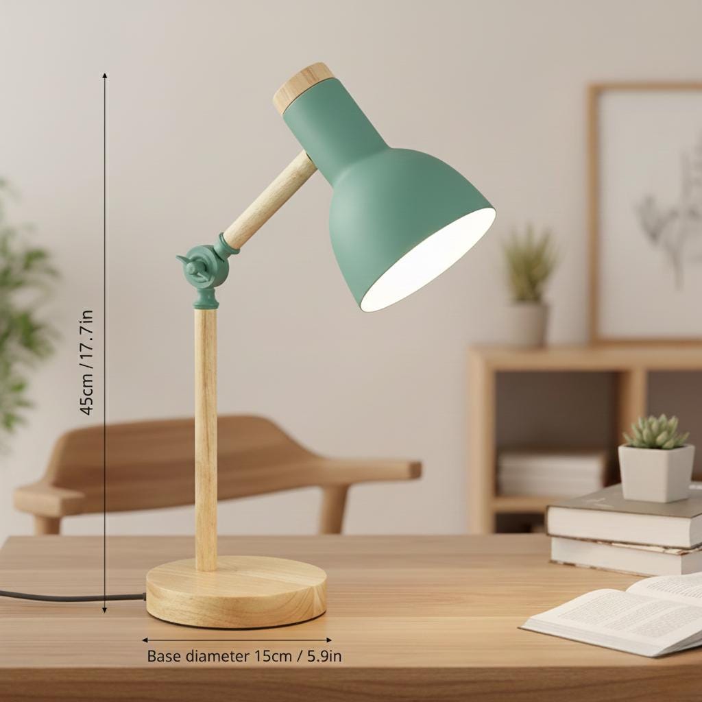 Mint Green Scandinavian Desk Lamp | Adjustable Wood Table Light