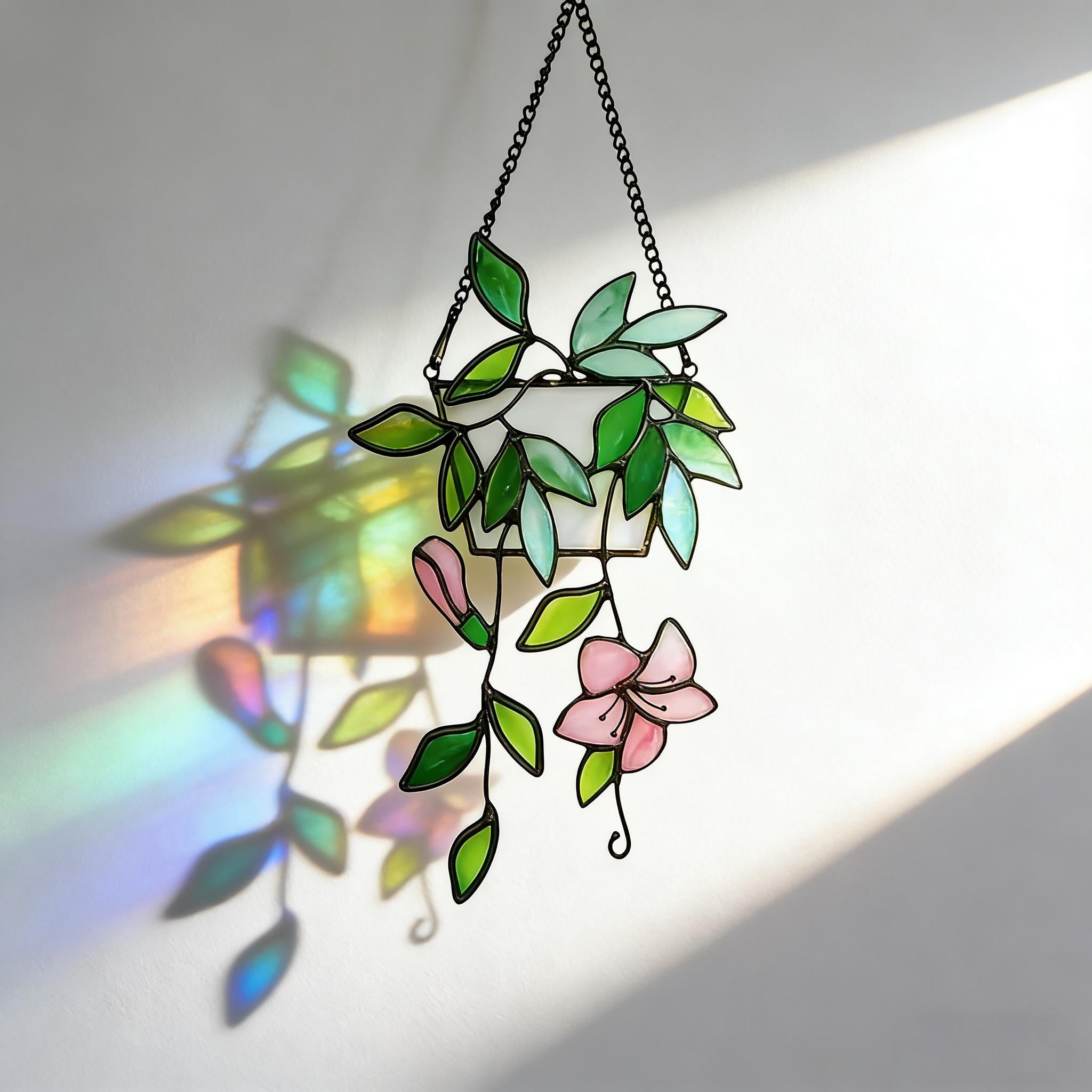 Green Leaf Stained Glass Art | Plant Suncatcher Hanging Window | Flower Stained Glass | Hanging Glass Plant | Gift for Mom | Elegant Plant Glass Decor