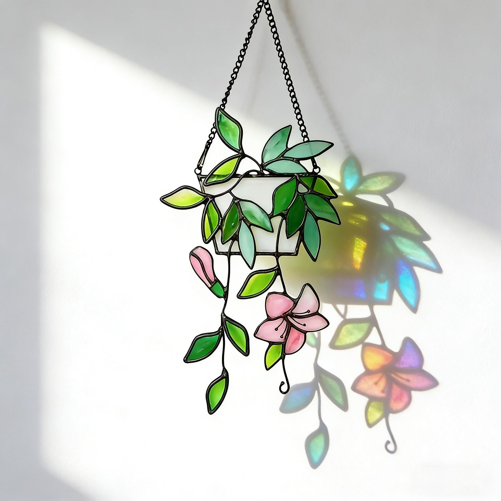 Green Leaf Stained Glass Art | Plant Suncatcher Hanging Window | Flower Stained Glass | Hanging Glass Plant | Gift for Mom | Elegant Plant Glass Decor