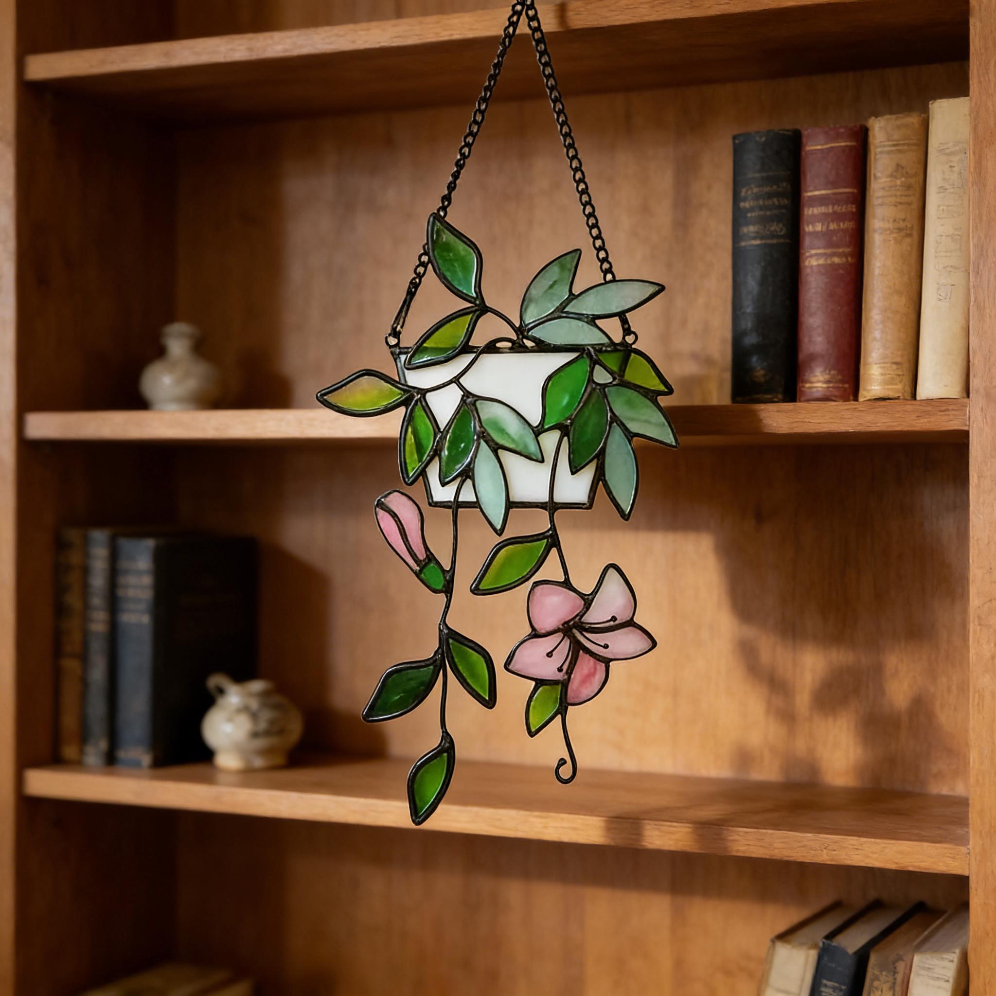 Green Leaf Stained Glass Art | Plant Suncatcher Hanging Window | Flower Stained Glass | Hanging Glass Plant | Gift for Mom | Elegant Plant Glass Decor