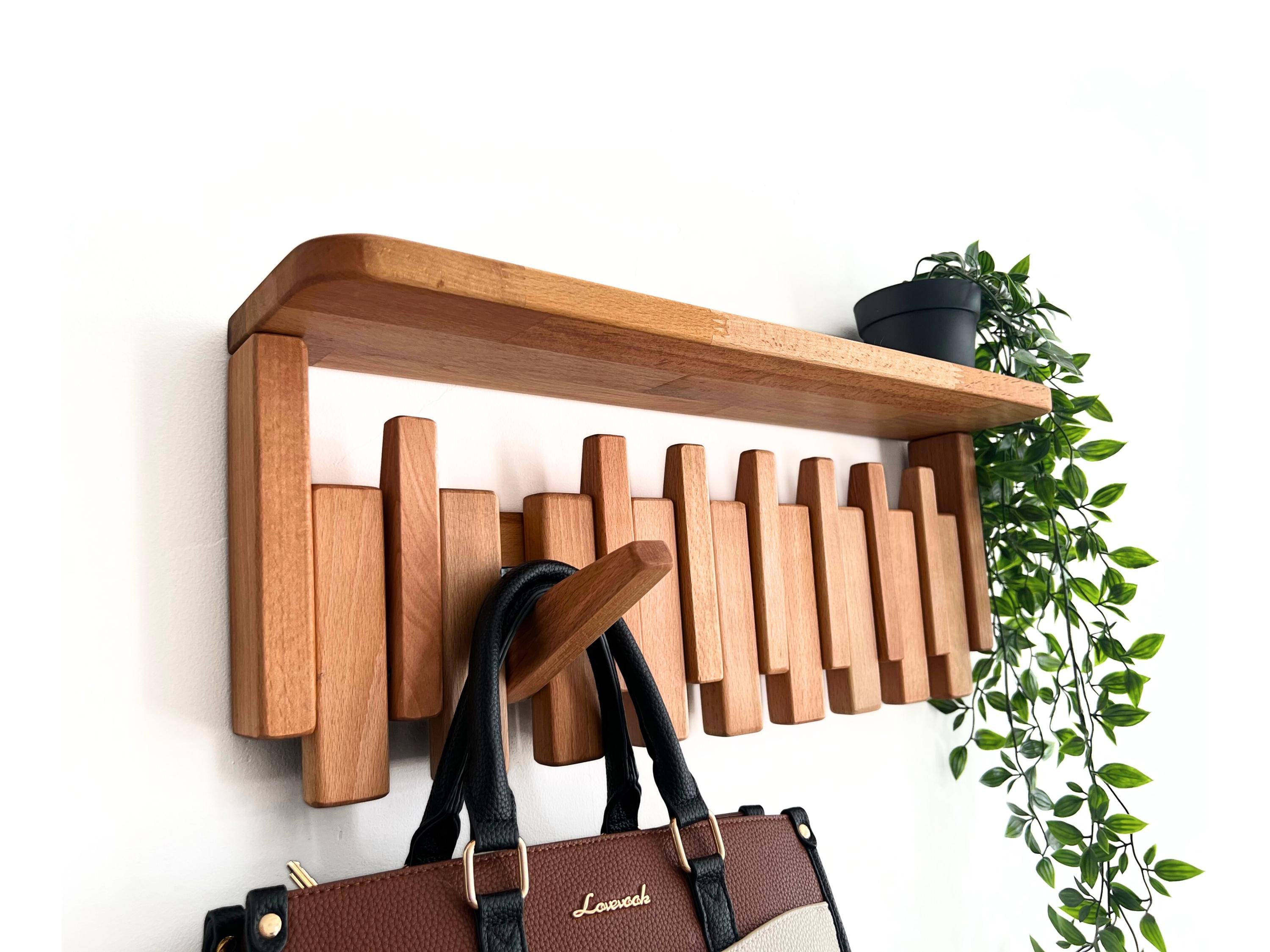 Solid Wood Piano Coat Rack Shelf, Floating Shelf with Hooks, Modern Entryway Mudroom Organizer