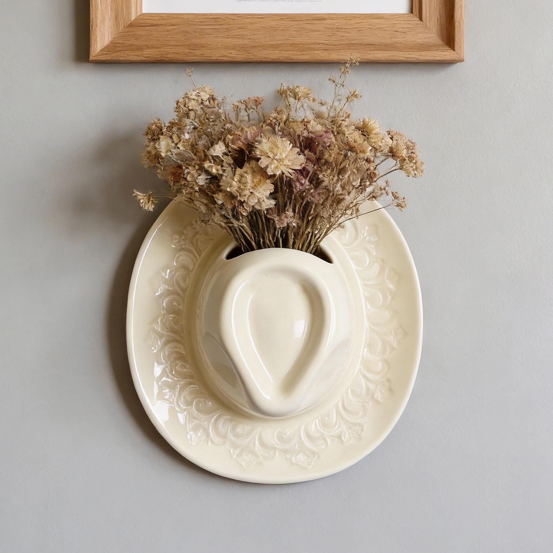 Ceramic Cowboy Hat Wall Vase, Embossed Floral Western Decor, Pink Beige Brown Flower Pocket
