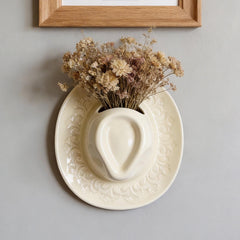 Ceramic Cowboy Hat Wall Vase, Embossed Floral Western Decor, Pink Beige Brown Flower Pocket