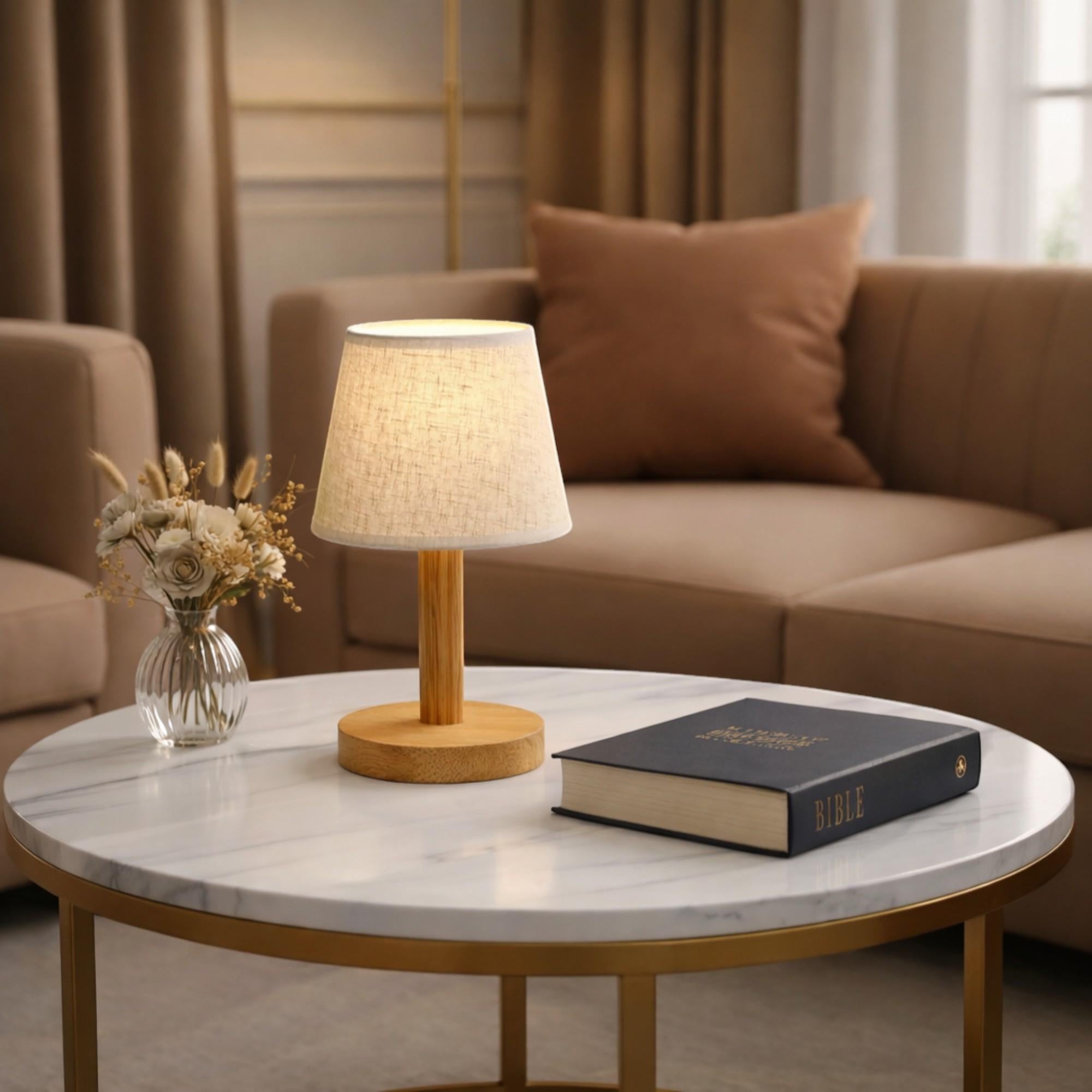 Japanese Style LED Table Lamp with Wood Base and Fabric Shade