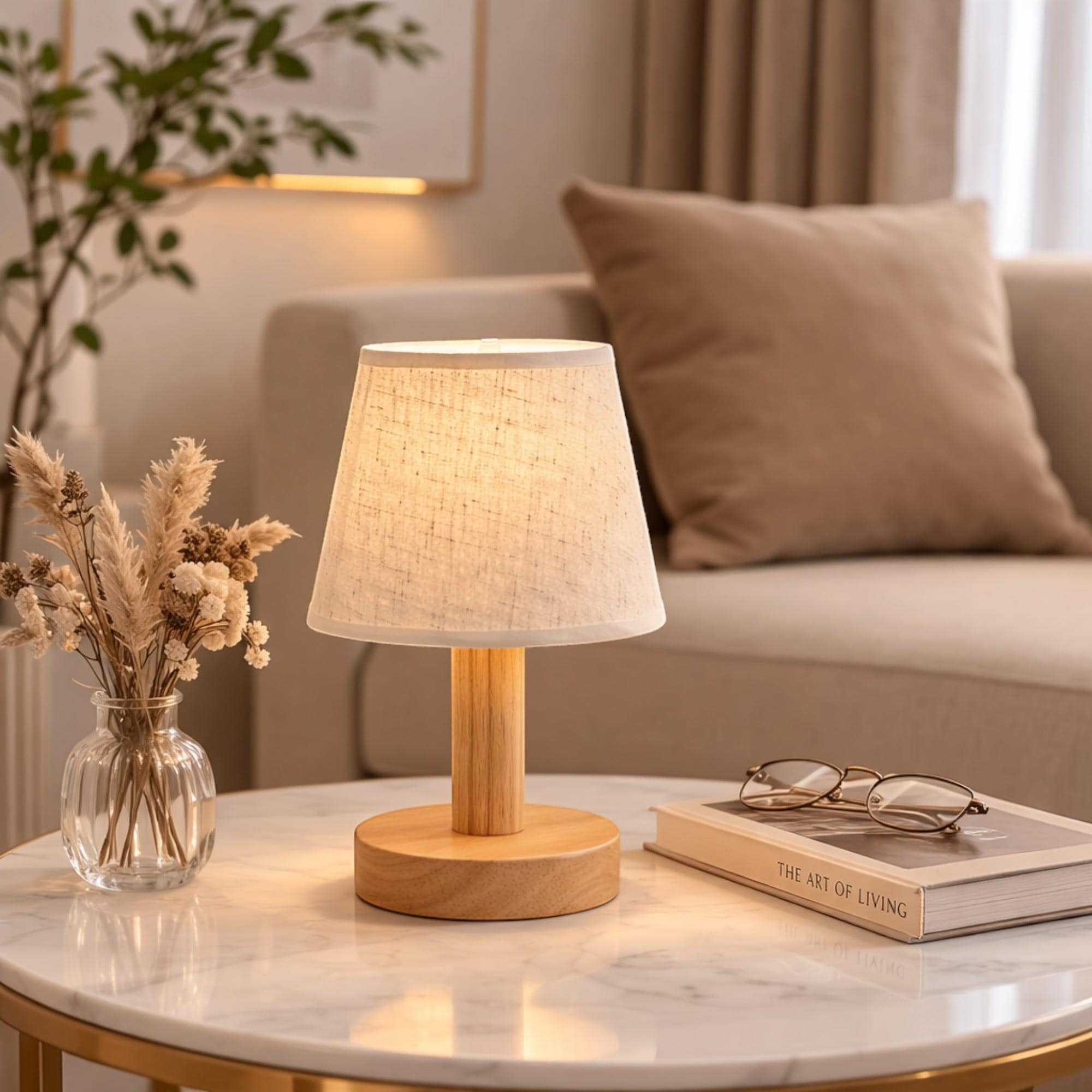 Japanese Style LED Table Lamp with Wood Base and Fabric Shade