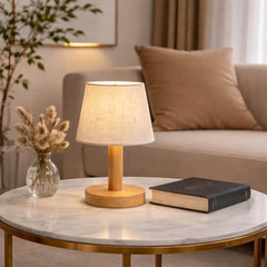 Japanese Style LED Table Lamp with Wood Base and Fabric Shade