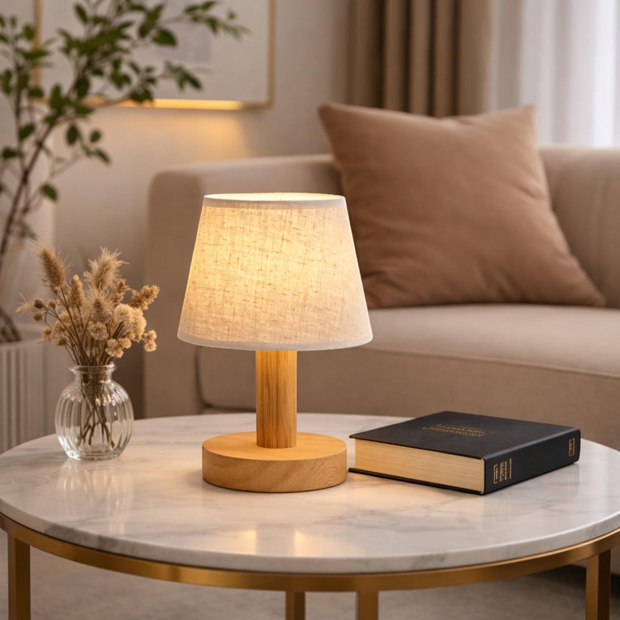 Japanese Style LED Table Lamp with Wood Base and Fabric Shade