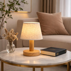 Japanese Style LED Table Lamp with Wood Base and Fabric Shade