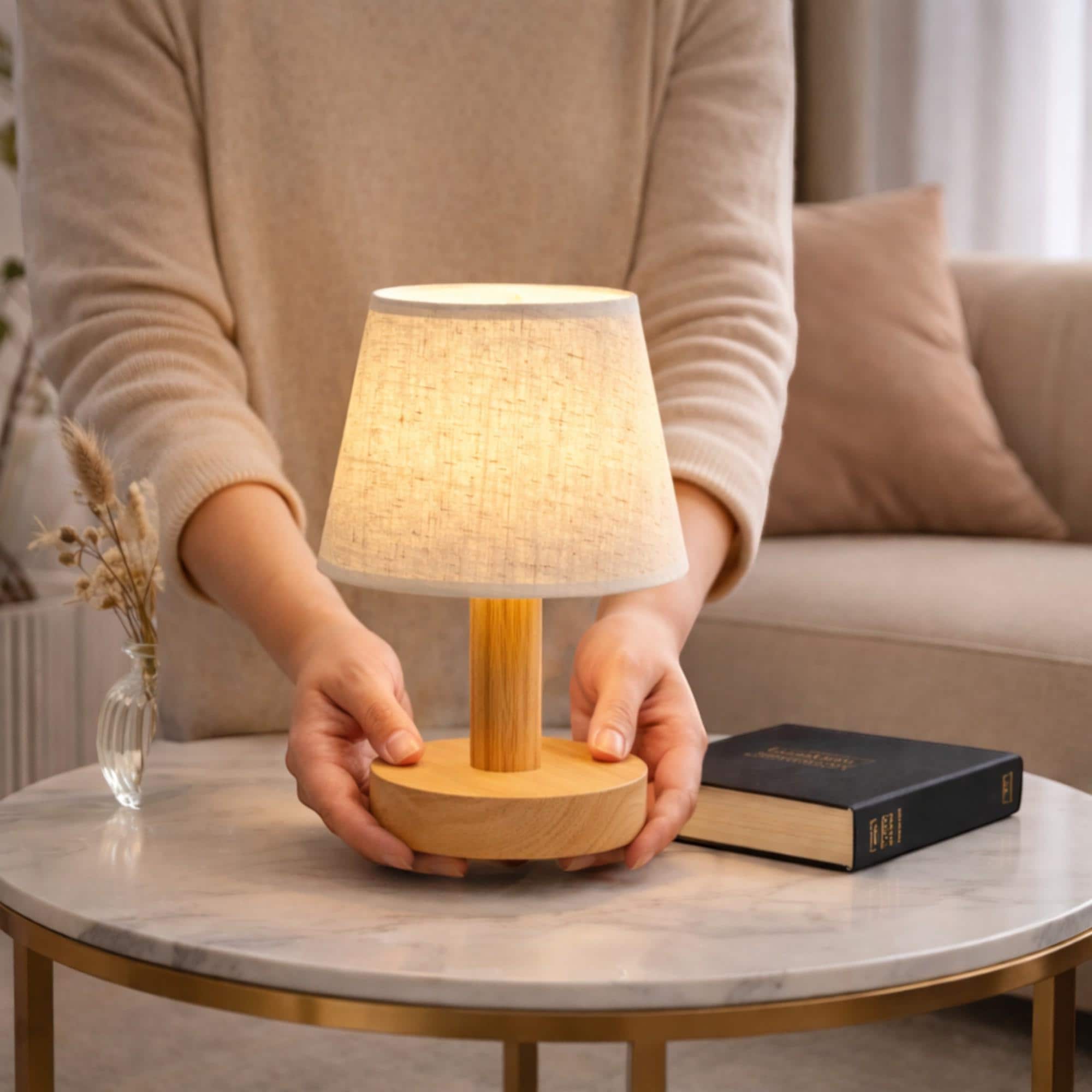 Japanese Style LED Table Lamp with Wood Base and Fabric Shade