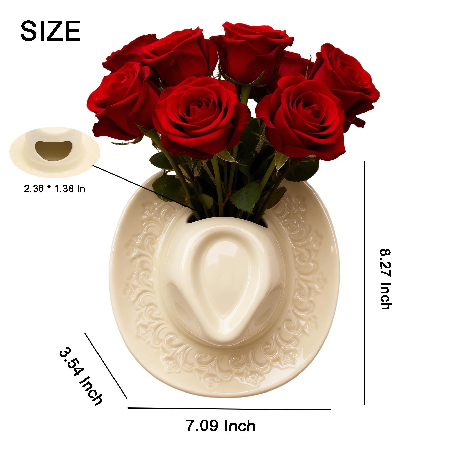 Ceramic Cowboy Hat Wall Vase, Embossed Floral Western Decor, Pink Beige Brown Flower Pocket