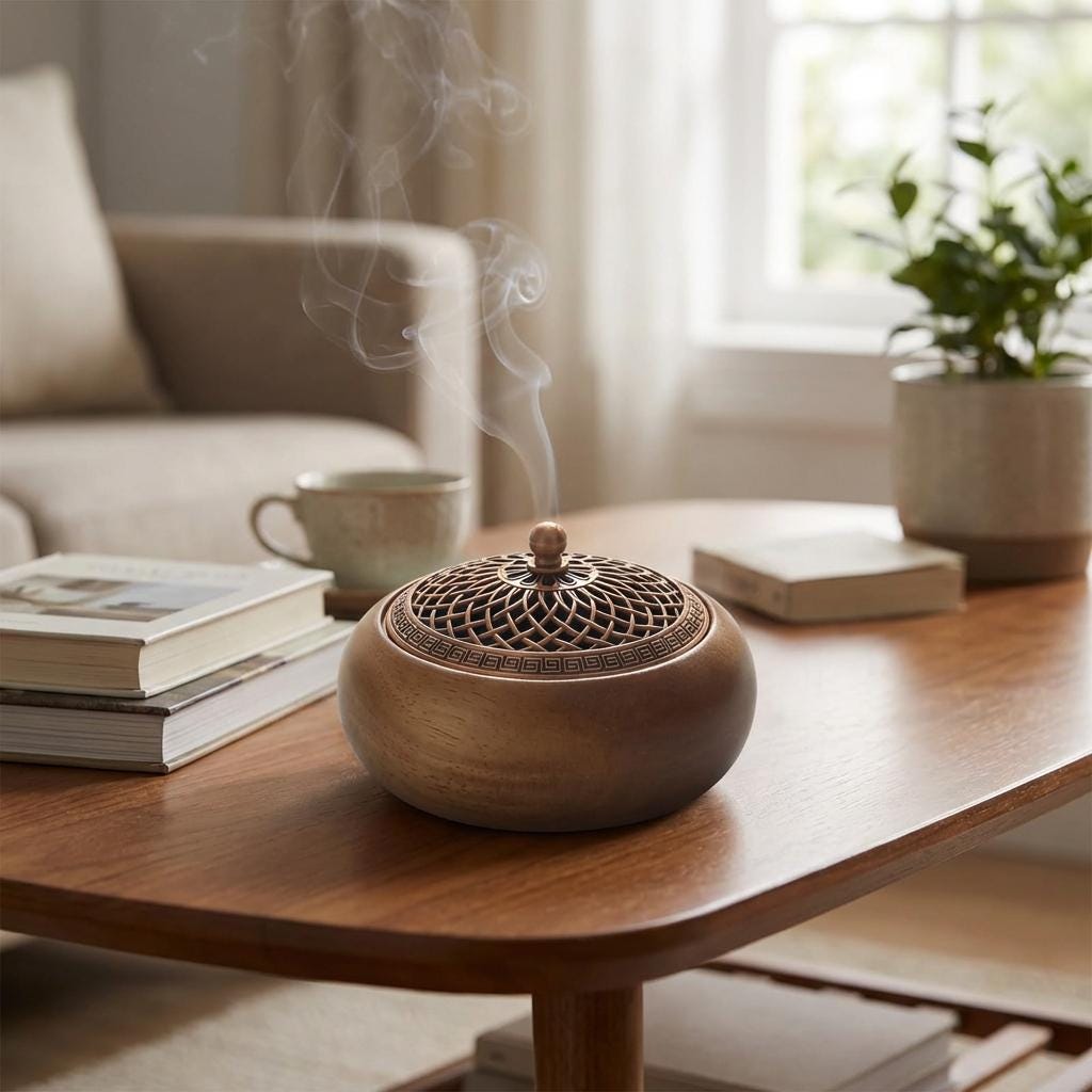Round Incense Burner Holder – 4" Wood Censer with Alloy Lid for Sticks & Cones, Yoga Meditation Home Decor