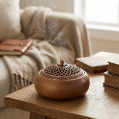 Round Incense Burner Holder – 4" Wood Censer with Alloy Lid for Sticks & Cones, Yoga Meditation Home Decor