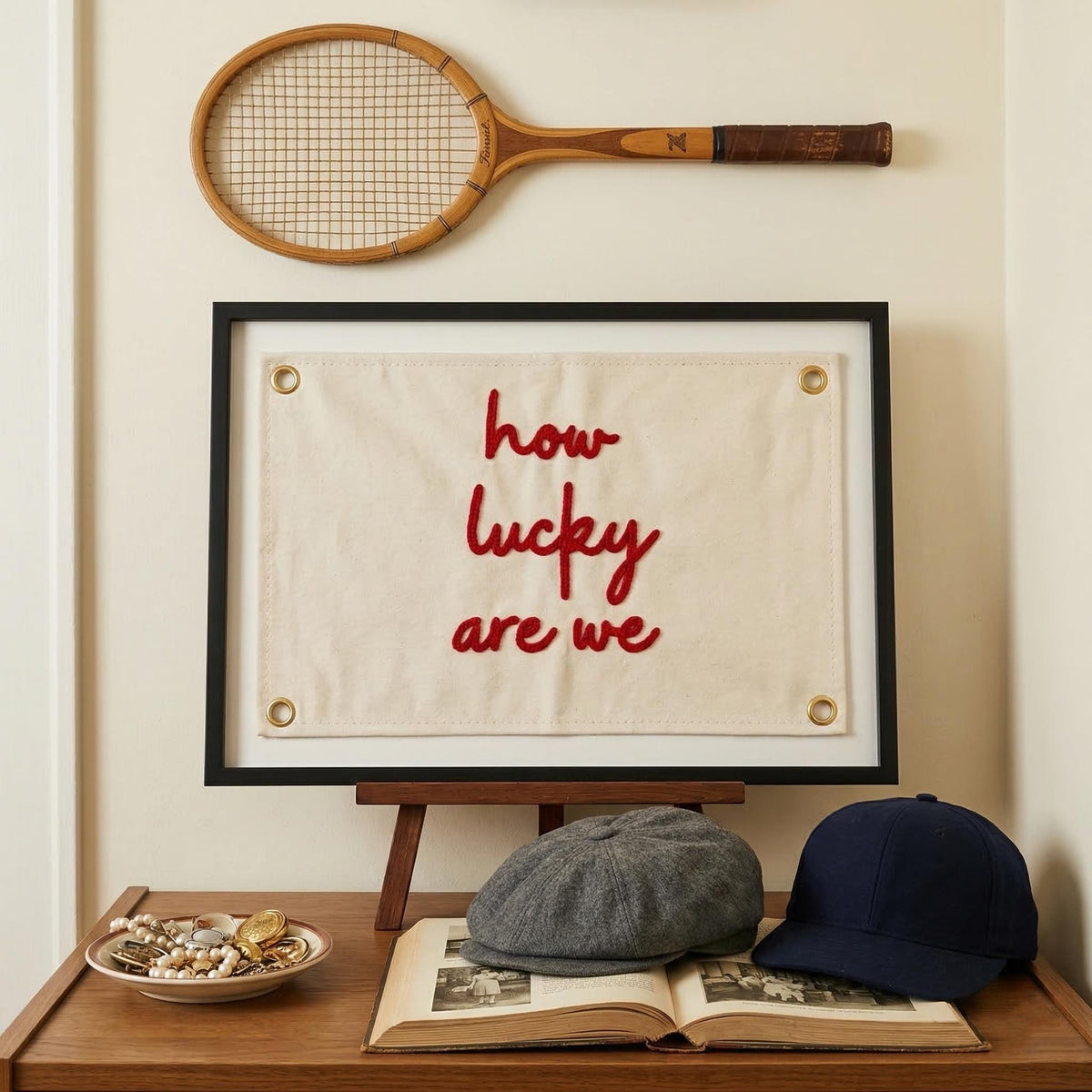 How Lucky Are We Banner, Embroidered Wall Decor, Pennant, Positive Quote
