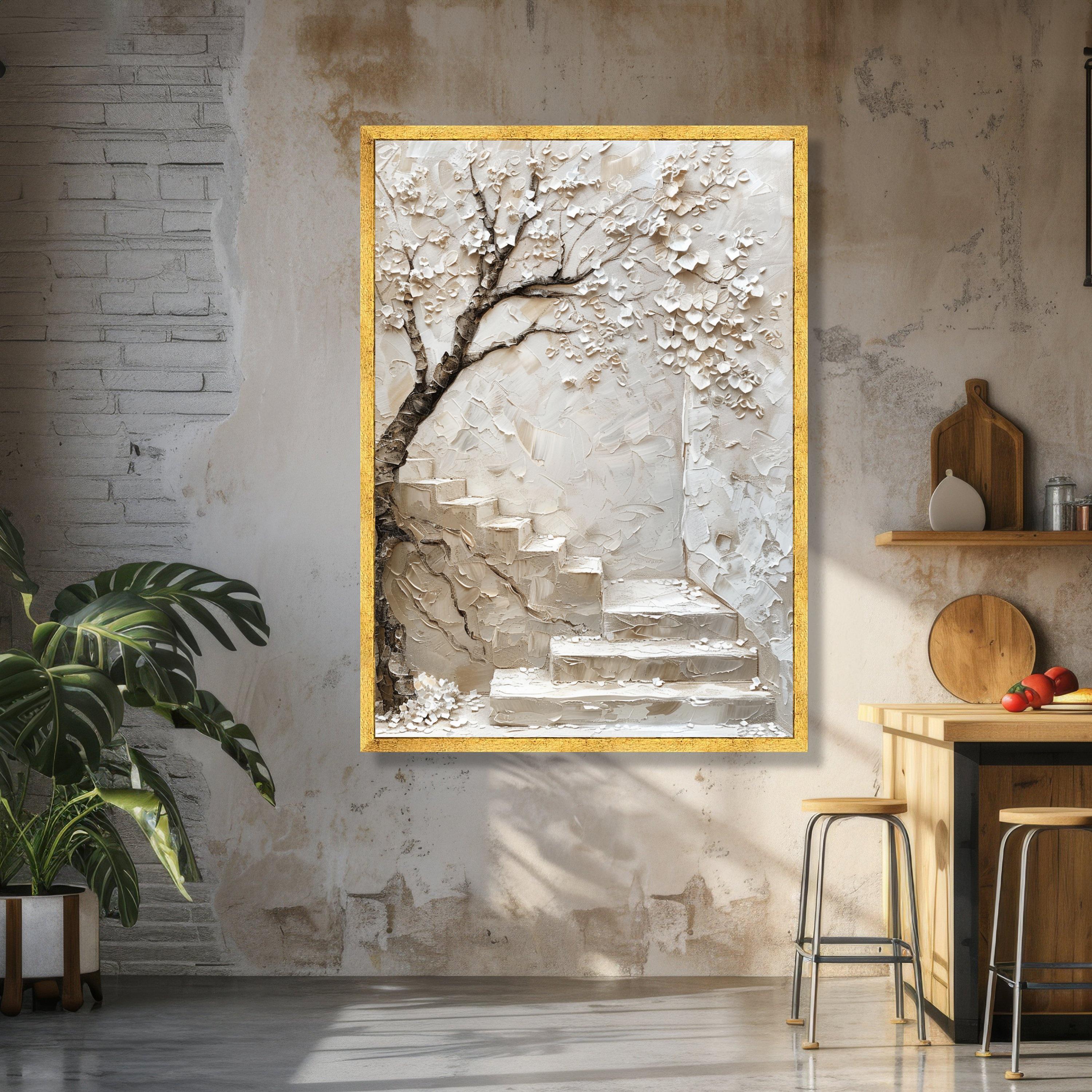 Blossom Tree with Stone Staircase Canvas, Neutral Wall Art, Floral Home Decoration, Nature Scene Canvas