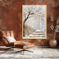 Blossom Tree with Stone Staircase Canvas, Neutral Wall Art, Floral Home Decoration, Nature Scene Canvas