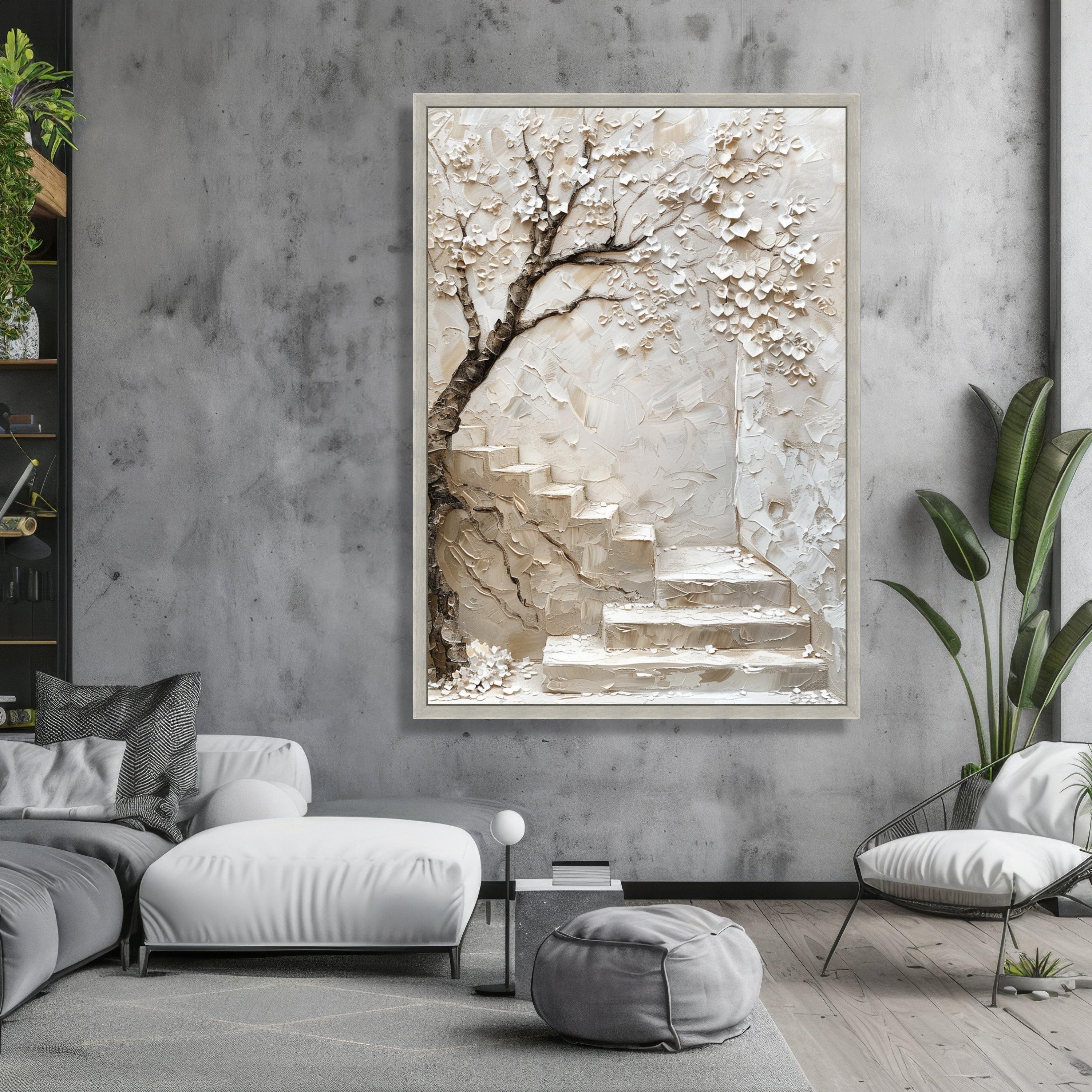 Blossom Tree with Stone Staircase Canvas, Neutral Wall Art, Floral Home Decoration, Nature Scene Canvas