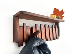 Solid Wood Piano Coat Rack Shelf, Floating Shelf with Hooks, Modern Entryway Mudroom Organizer